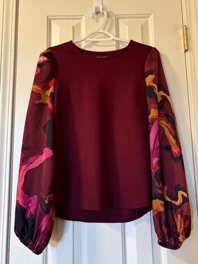 Nine West Size Medium Burgundy Puffed Sleeve Top